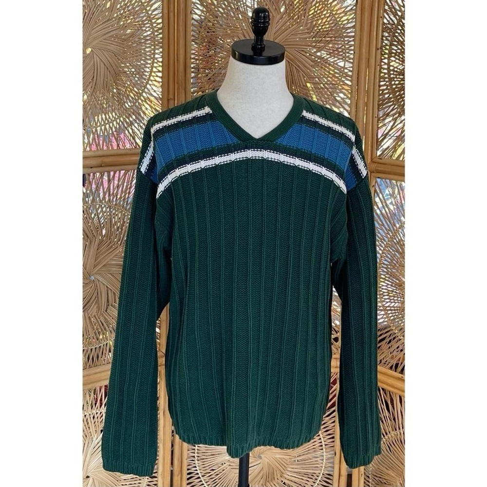 Vintage Aeropostale Green Cotton Chunky Ribbed Knit Blue & White V- Neck Sweater - Picture 5 of 5